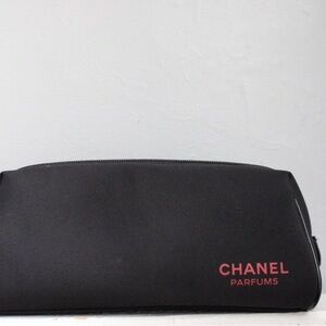 CHANEL Parfums Black Nylon Cosmetic Bag Red-Black Logo Interior